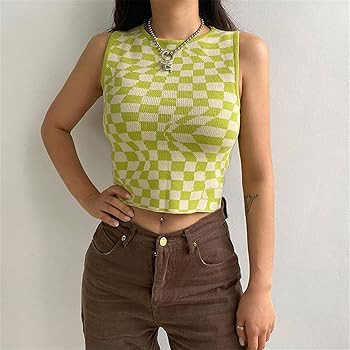 Women's Plaid Printed Sleeveless O Neck Camisole Harajuku Vintage Knitted Cropped Tank Top | Amazon (US)
