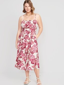 Waist-Defined Floral Linen-Blend Smocked Midi Cami Dress for Women | Old Navy (US)
