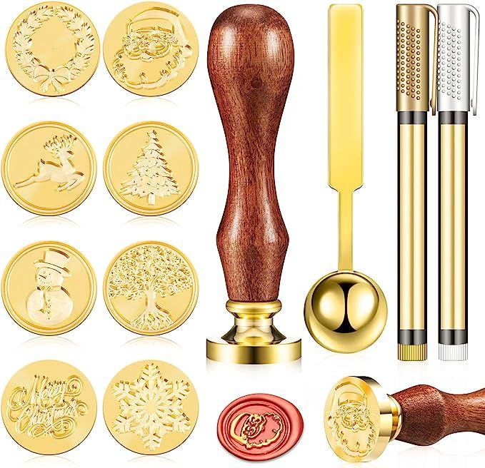 Wax Seal Stamp Set 8 Pieces Christmas Seal Wax Stamps with Wooden Handle, Melting Spoon, 2 Pieces... | Amazon (US)