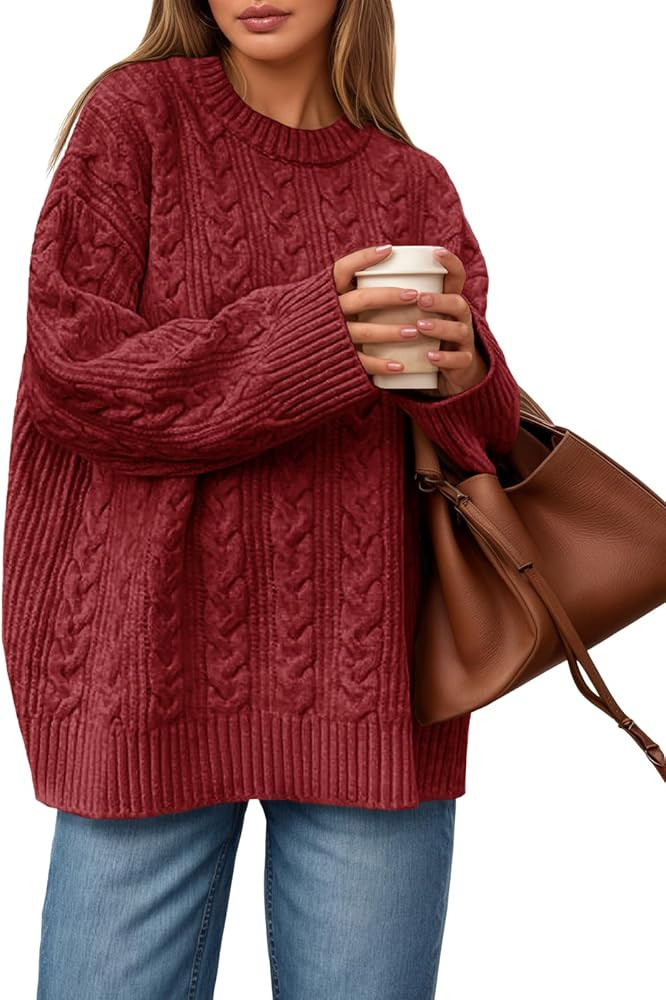 Saodimallsu Womens Cable Knit Sweater Oversized Long Sleeve Chunky Knit Crew Neck Fall Pullover S... | Amazon (US)