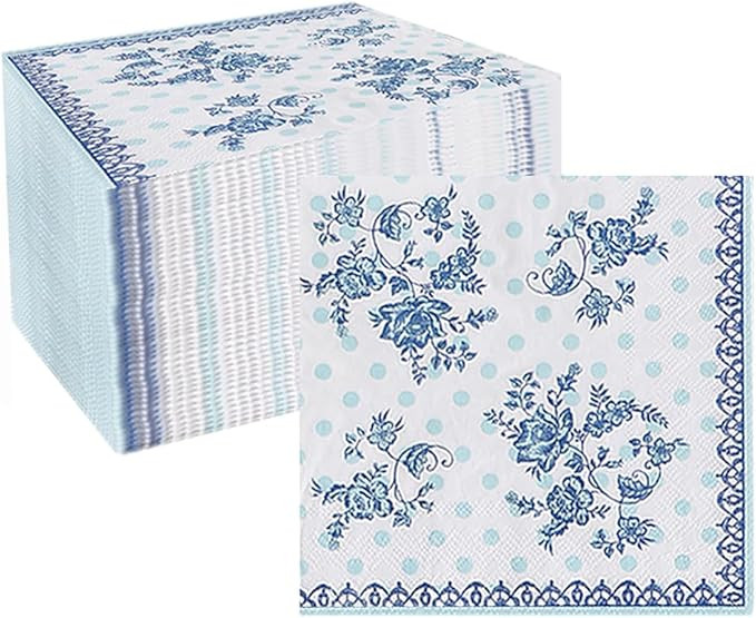 Bringsine 100ct Floral Cocktail Beverage Napkins Blue & White Disposable Paper Spring Flowers Des... | Amazon (US)