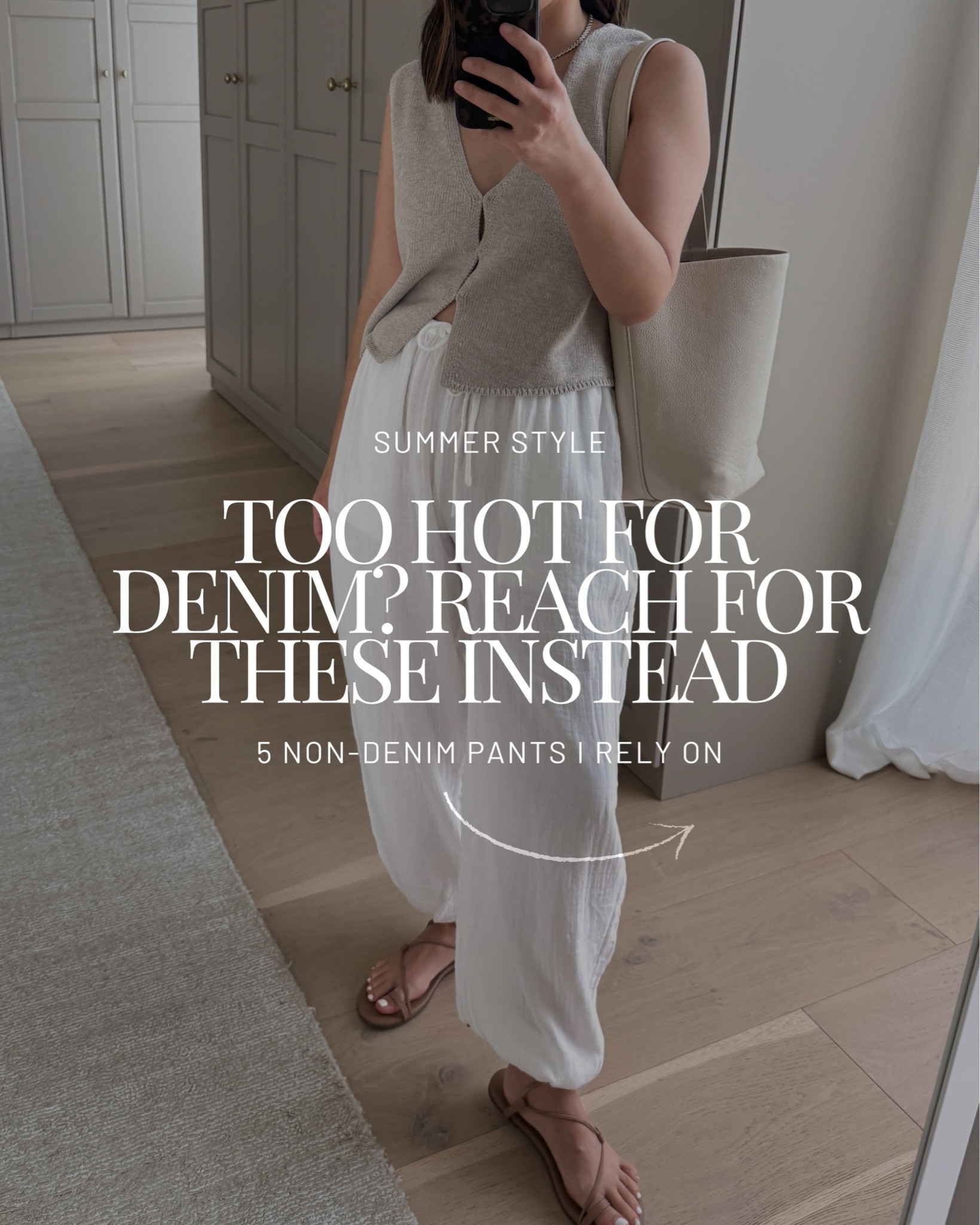 Once summer hits, I naturally start reaching for lightweight pants over denim. Gauze, poplin, linen… they’re easier, cooler, and make outfits feel more effortless.

Look 1:
Aritzia balloon pants xs
Aritzia knit tank small
Tkees sandals size 6
Quince bucket bag - color is sold out, linked similar.
Dorsey James necklace 15”

Look 2:
Aritzia balloon pants xs 
Aritzia tee medium 
Joe’s jacket small. But could wear the xs 
Polo hat 
The Row bag medium 
Black Suede studio sandals 35

Look 3:
Gap poplin barrels petite xs - white is sold out, linked similar.
AYR denim jacket small 
Kule stripe tee medium 
Everlane cotton sweater xs
Staud flats 35 
Quince bag - color is sold out, linked similar.
Celine sunglasses 
Dorsey James necklace

Look 4:
Splendid linen pull on pants xs
Jenni Kayne linen sweater xs - old, linked similar. 
Onitsuka Tiger sneakers 4 mens 
Sezane Milo in sand - color is old, linked similar.
Polo Ralph Lauren cap 
Le Specs sunglasses

Look 5:
Gap Factory linen blend pants petite xs 
J.Crew shirt xs - old, linked similar.
Everlane tee medium 
Havaianas sandals 5 
Amazon sling bag 
YSL sunglasses 
J.Crew earrings 
Dorsey James necklace 15"

Look 6:
Gap factory linen pants petite xs 
Everlane box cut tee medium 
Quince cotton sweater xs. I also have the small 
Amazon mesh flats 5 - so comfy! 
The row bag small
Electric Picks earrings 
Dorsey James necklace 15”
Celine sunglasses

Summer outfits, petite style

#LTKmomlife #LTKPetite