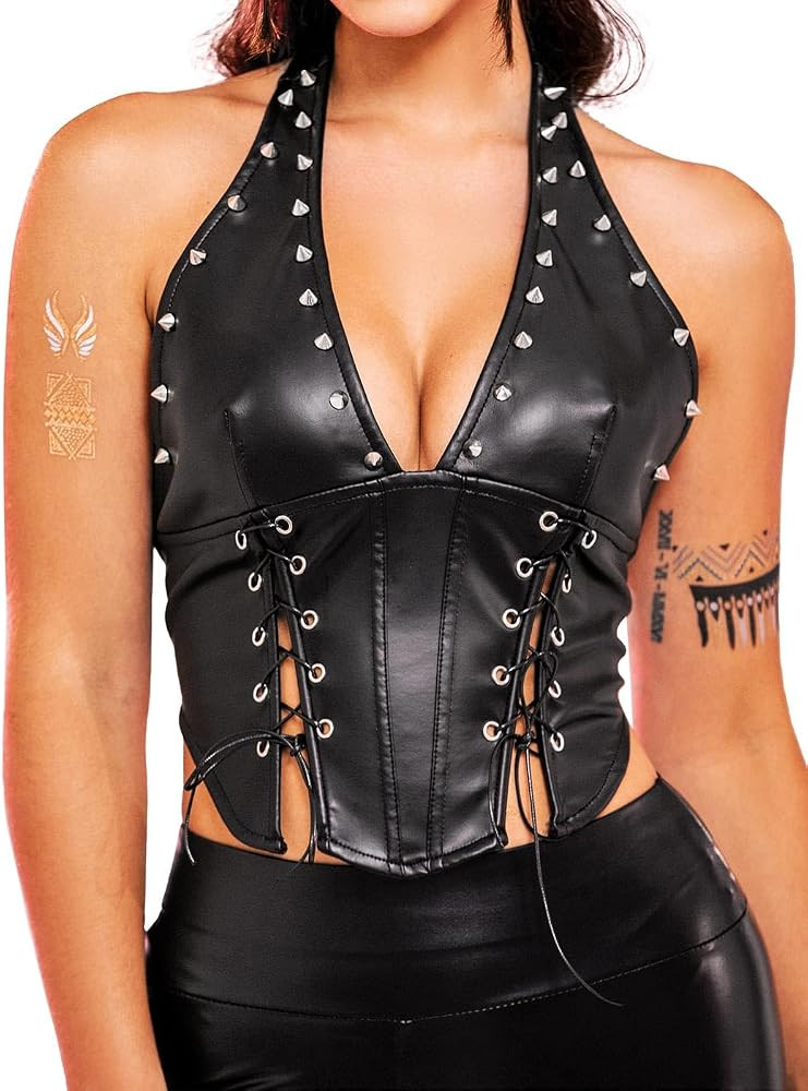 Women's PU Leather Crop Tank Top Black Sexy Rivet String Lace Up Halter Tops for Party Rave | Amazon (US)