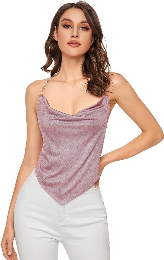 SheIn Women's Glitter Halter Tops Sparkle Sleeveless Asymmetrical Hem Chain Crop Cami Top | Amazon (US)