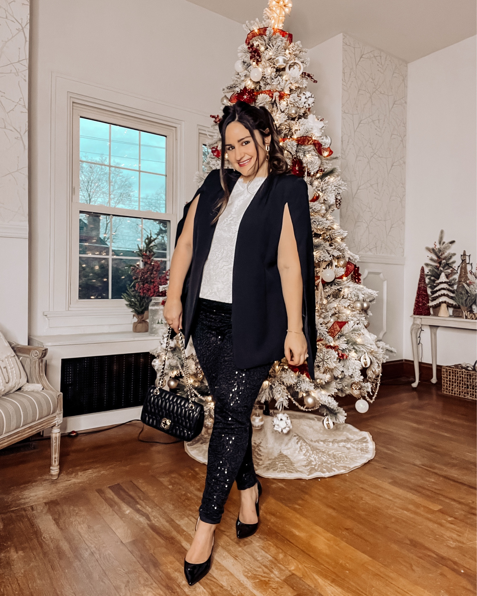 A powerful outfit for the holidays! Make a statement in these sparkly leggings paired with a white lacy tank top and a cape blazer! 

Midsize, curvy, size 12, size 14, black leggings, black blazer, power suit, date night outfit, NYE outfit, new years outfit, party outfit , black and white outfit 

#LTKSeasonal #LTKMidsize #LTKHoliday