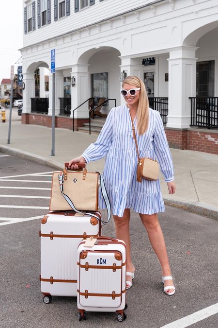 First day of spring break and linking this cute striped tiered dress (comes in tall) & white Italian leather block heel sandals, my favorite vintage inspired luggage. new raffia tote with striped strap, raffia crossbody with tassel, and these white sunglasses.

#LTKtravel #LTKitbag #LTKSeasonal