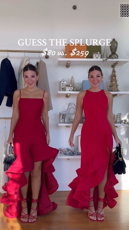 splurge is in the right! 💃🏼 red ruffle long wedding guest dress 
wearing small and 2 each dresss


#LTKsalealert #LTKwedding #LTKHoliday
