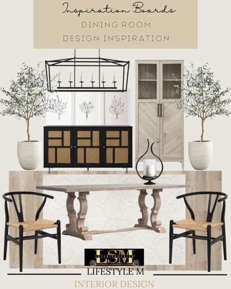 Modern farmhouse dining room inspiration. Recreate the look at home! Black cane console table buffet, wood dining table, black weave dining chair, white rug, candle holder decor, wood cabinet, white tree planter, faux fake tree, wall art, rectangle lantern chandelier light.

#LTKFind #LTKstyletip #LTKhome