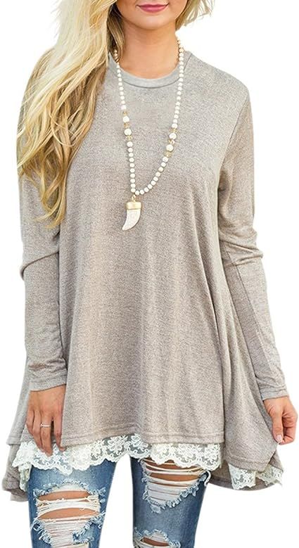 WEKILI Women's Tops Long Sleeve Lace Scoop Neck A-line Tunic Blouse | Amazon (US)