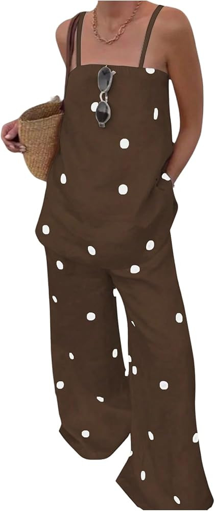 MakeMeChic Women's 2 Piece Outfits Polka Dots Spaghetti Strap Cami Top and Pants Summer Matching ... | Amazon (US)