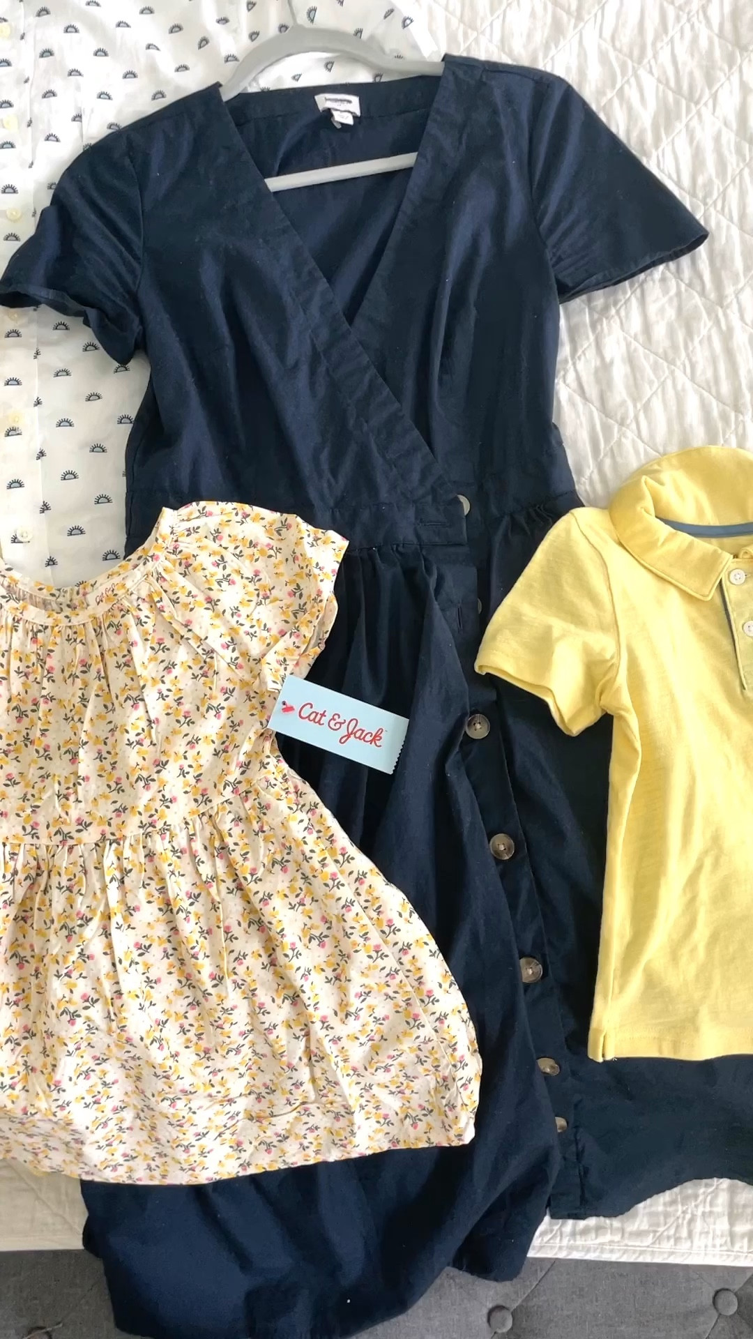 Easter dresses and shirts for a family. Preparing family photo outfits can feel overwhelming, but I use an easy formula to get great looking, coordinating outfits. 1. Pick the lead outfit. 2. Create a color pallette based off of the lead and pick the other outfits to fit the pallette. 3. Lay the outfits out next to each other to make sure you like how they look. 4. Try on all the outfits to make sure everyone feels comfortable before pictures. 