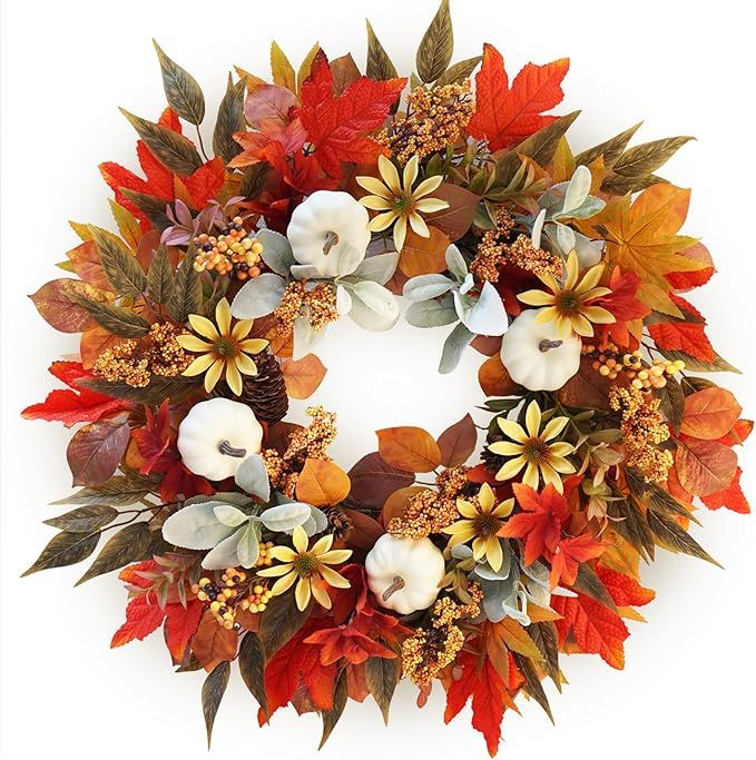 Fall Wreaths for Front Door Outside- 24 Inch Large Fall Door Wreath Handmade Silk Autumn Sunflowe... | Amazon (US)