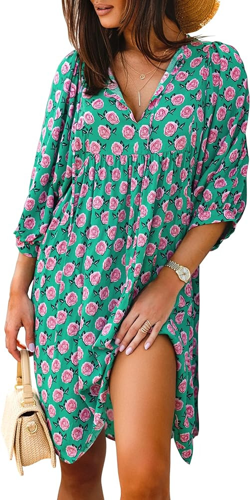 miduo Womens Casual V Neck Summer Half Sleeve Bohemian Floral Mini Tunic Short Dresses | Amazon (US)