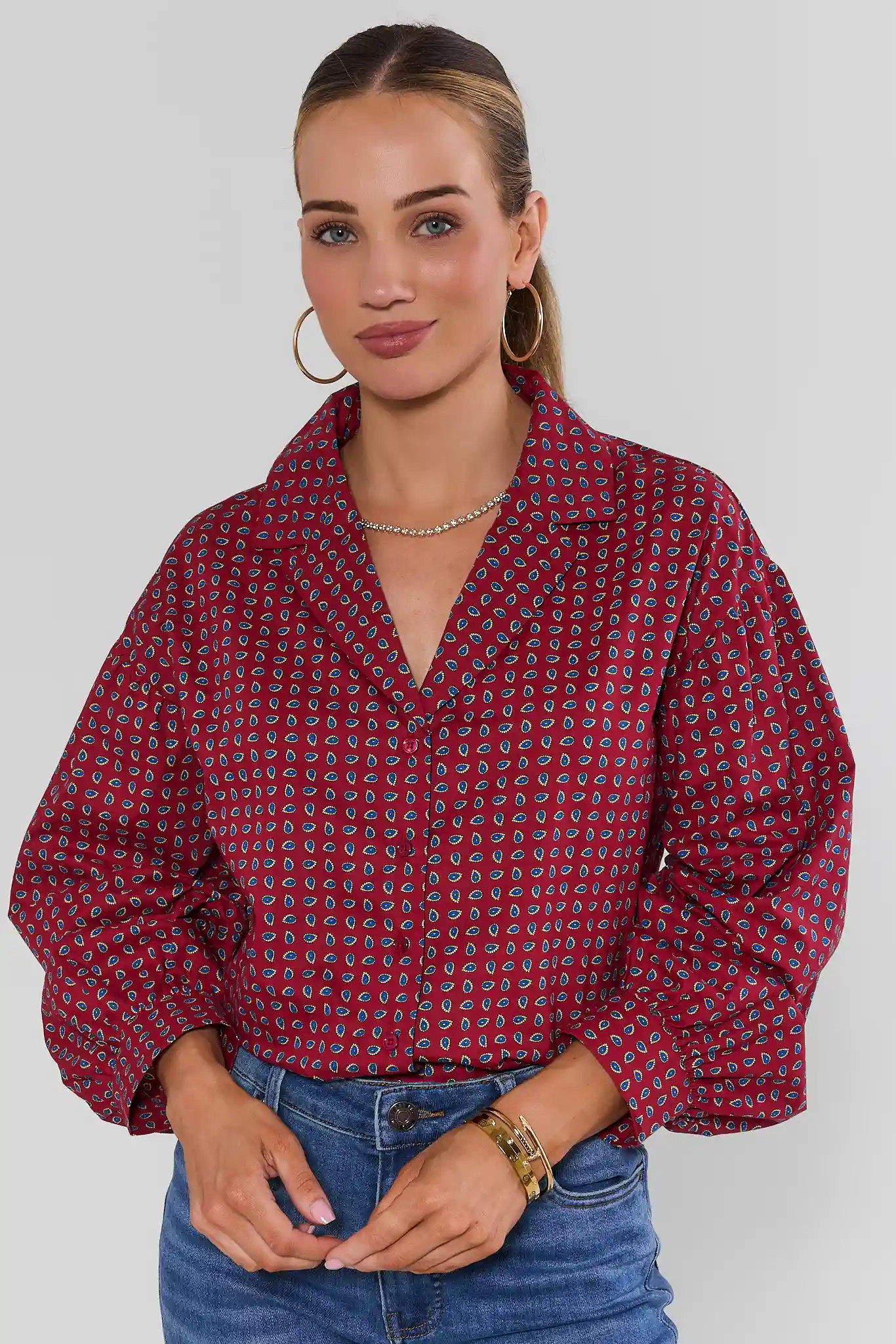 Maroon Printed Button Up Top | Avara