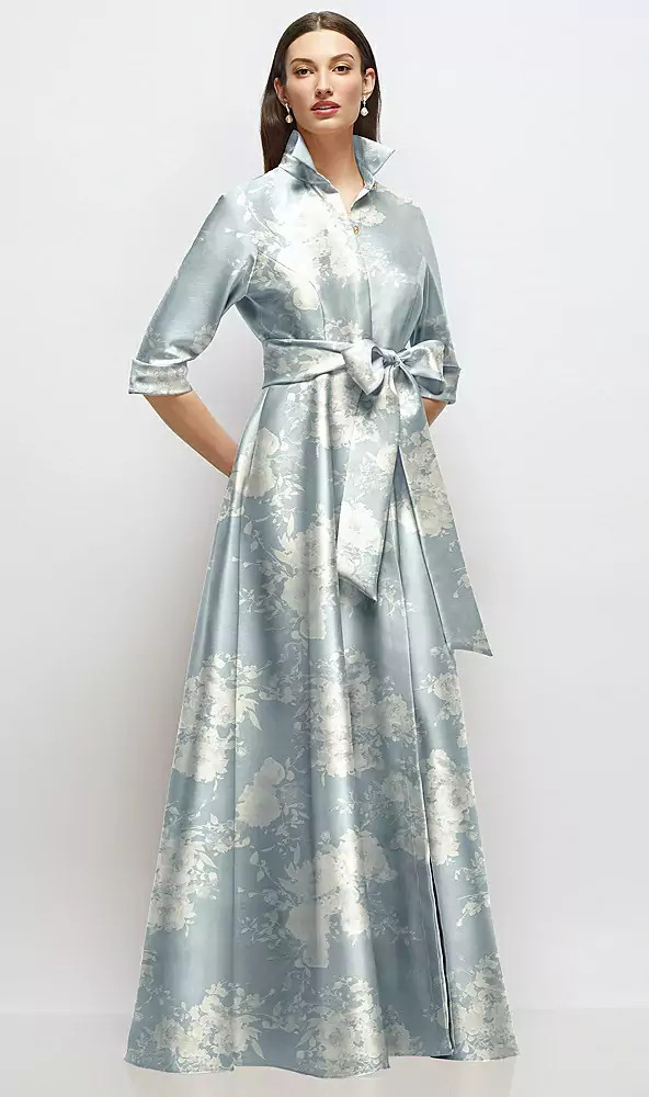 3/4 Sleeve Floral Satin Shirt Dress Gown with Sash and Jeweled Buttons in Porcelain Blue Seraphin... | Dessy Group