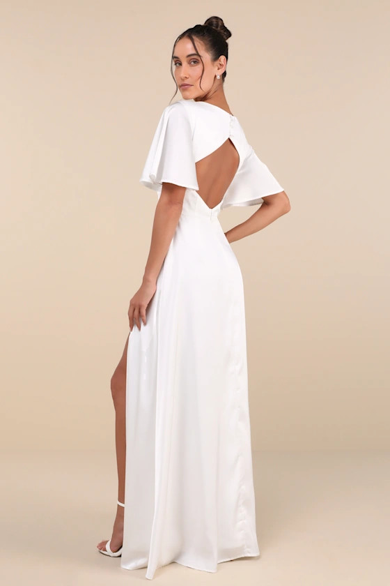 Elegant Confidence White Satin Flutter Sleeve Cutout Maxi Dress | Lulus