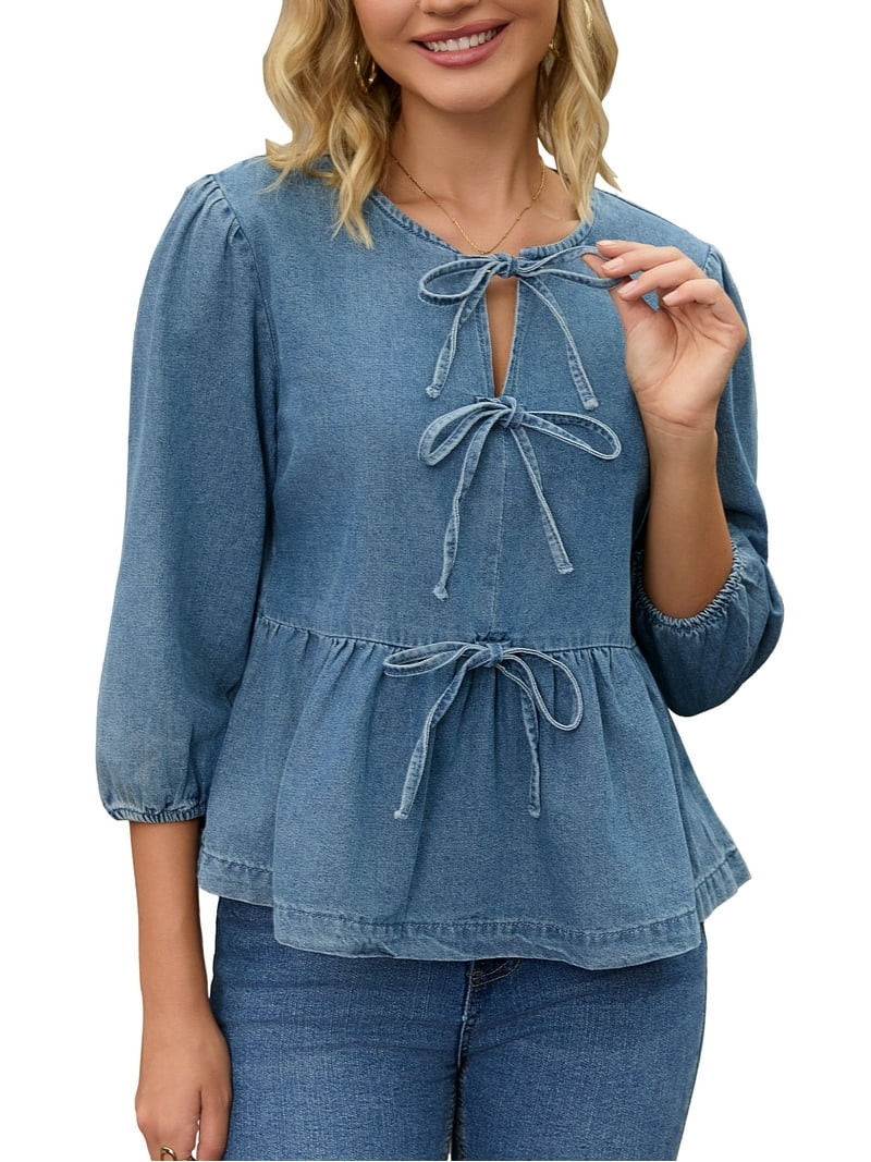 Women Denim Tops Tie Front Puff Sleeve Ruffle Hem Peplum Blouse Jean Shirts M Blue | Walmart (US)