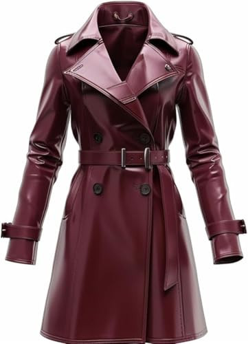 Women's Genuine Leather Stylish Trench Coat - Tailored Fit Belted Outerwear For Burgundy Leather Jacket (US, Alpha, X-Large, Regular, Regular, Burgundy) | Amazon (US)