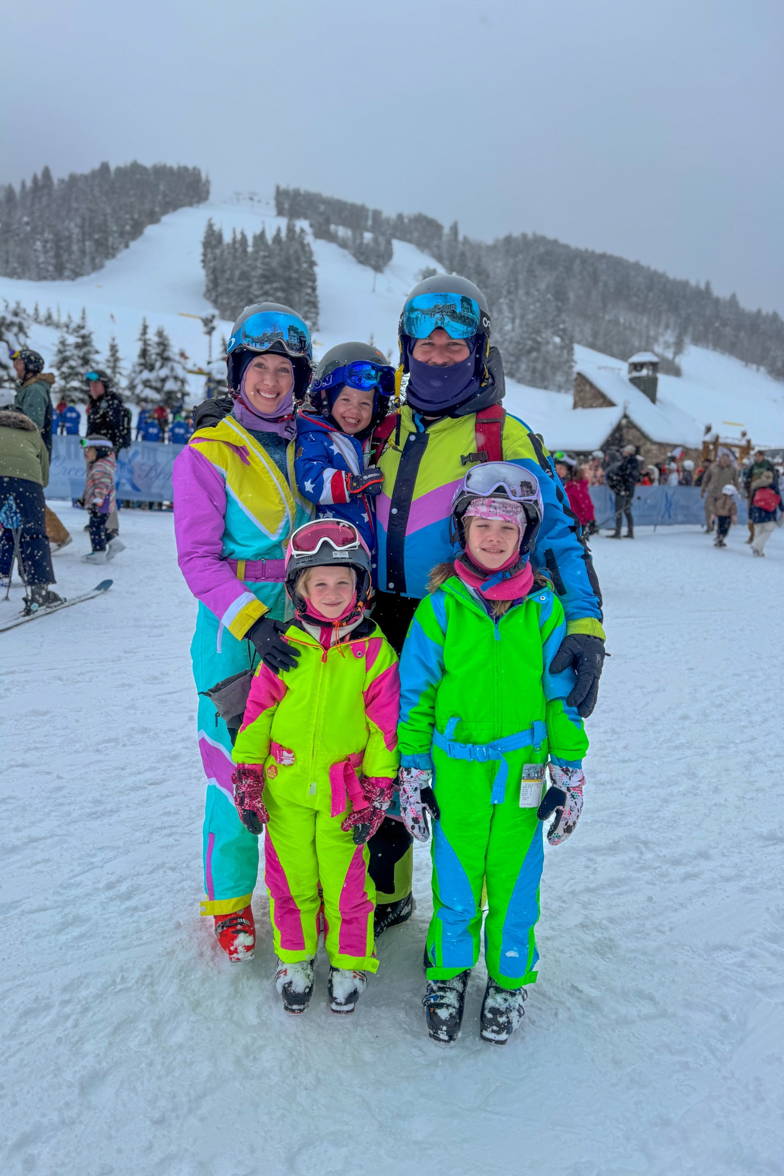 Bright ski suits