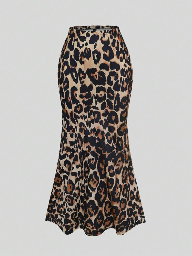 Sweetra Plus Size Fashionable Leopard Print Fishtail Skirt Maxi Women Outfit | SHEIN