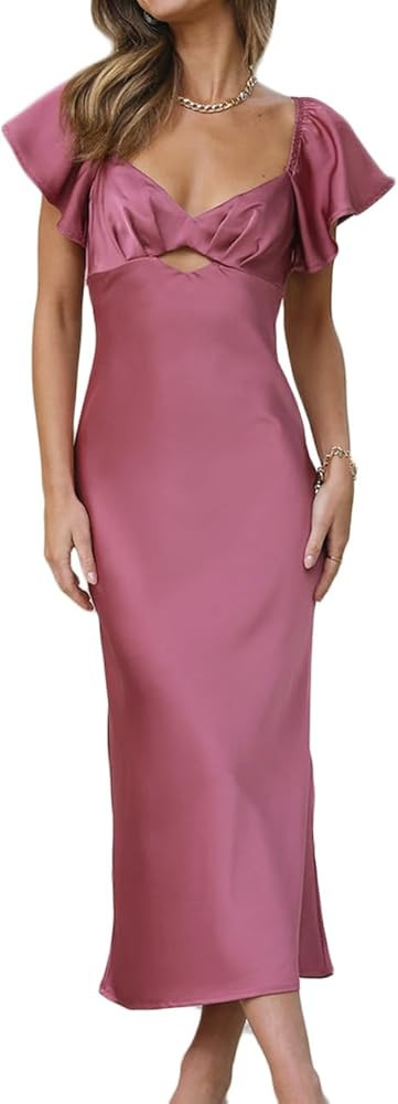 Summer Satin Flutter Sleeve Wedding Guest Dresses for Women Sweetheart Neckline Cutout Tie Back M... | Amazon (US)