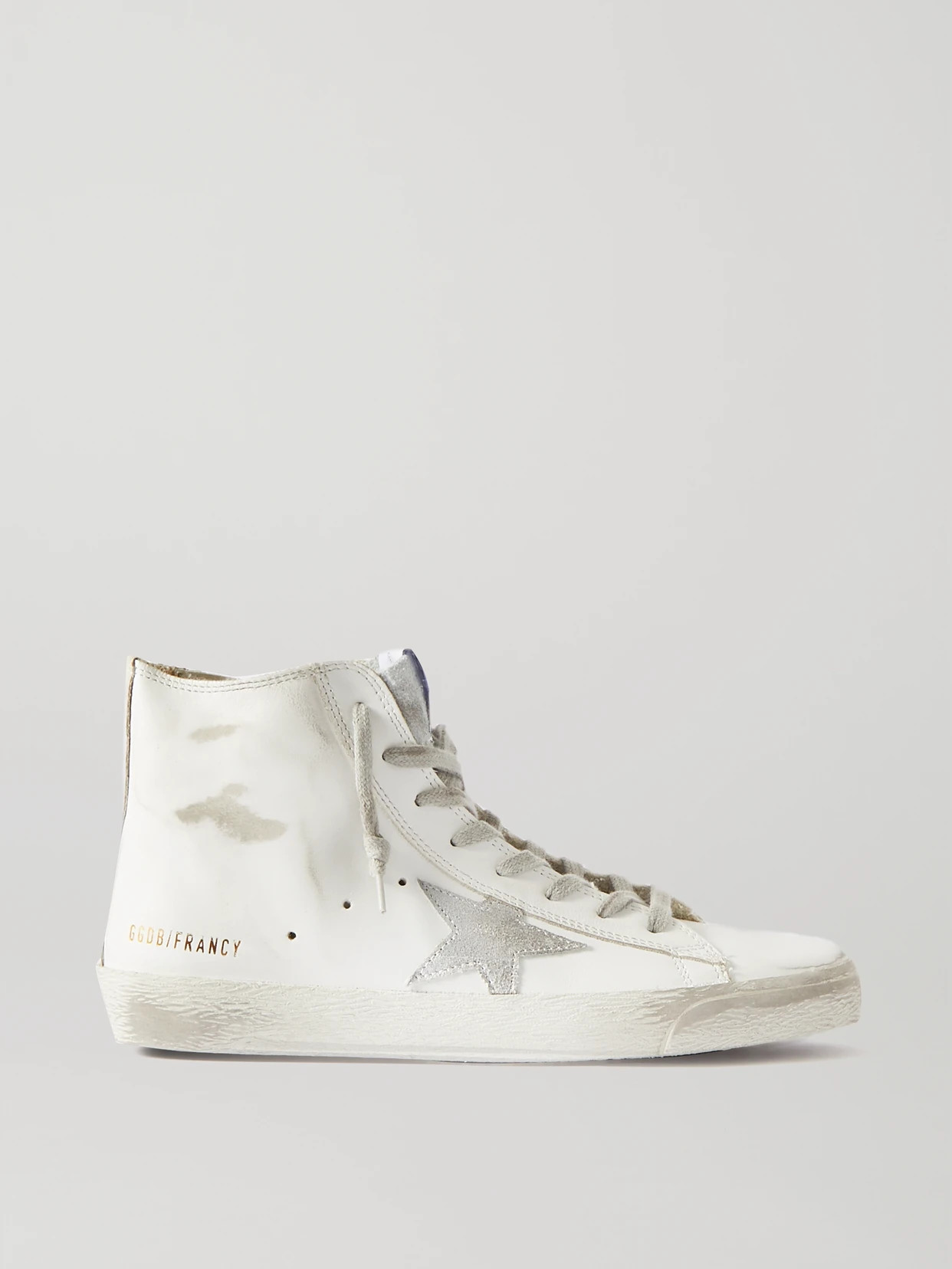 Golden Goose - Francy Glittered Distressed Leather And Suede High-top Sneakers - White | NET-A-PORTER (US)