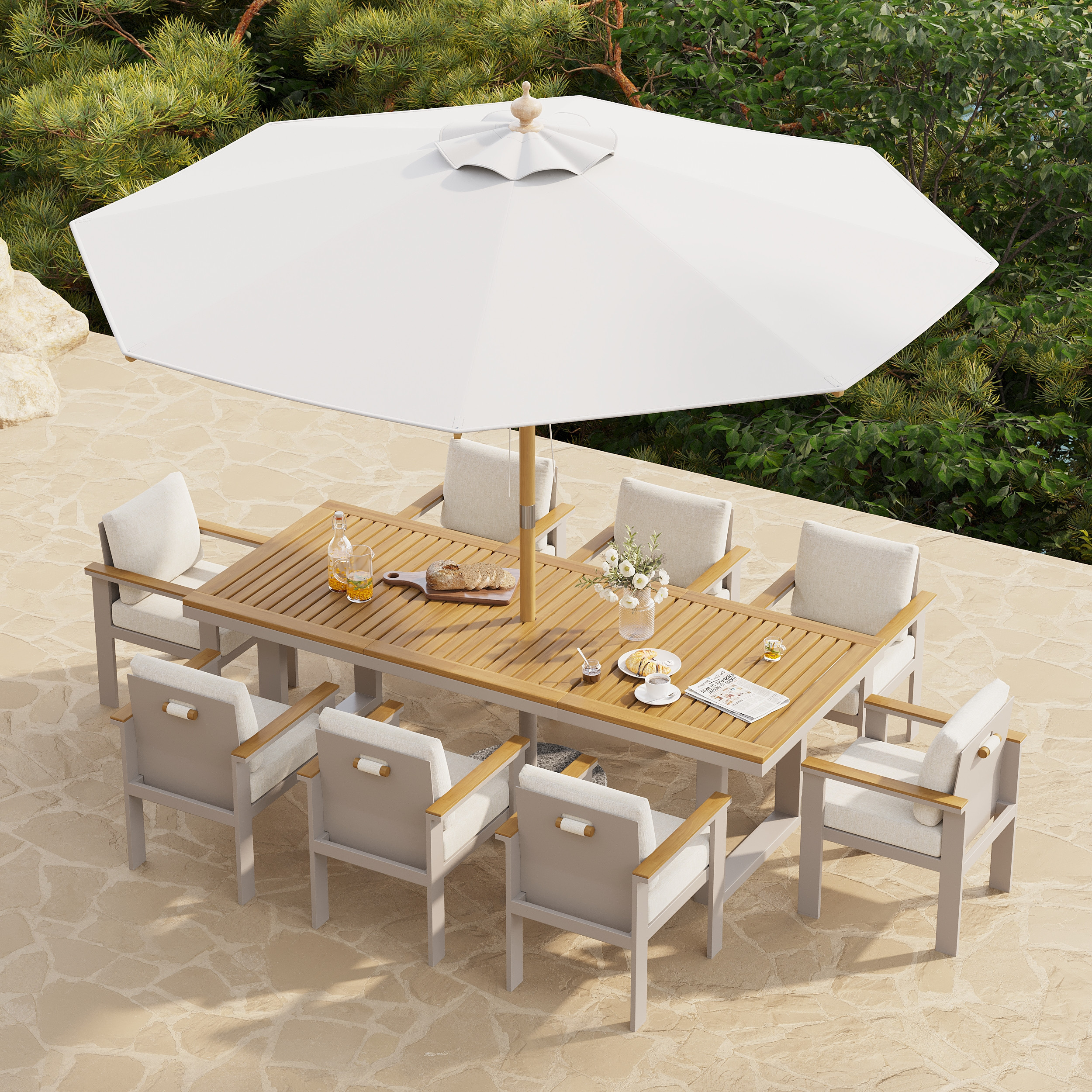 Axis 10 Pieces Rectangle Wood & Aluminum Outdoor Patio Dining Set with Central Pillar Umbrell | Homary