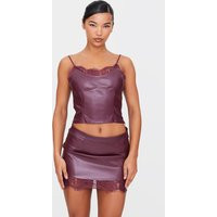 Burgundy Matte Faux Leather Lace Trim Cami Top | PrettyLittleThing US