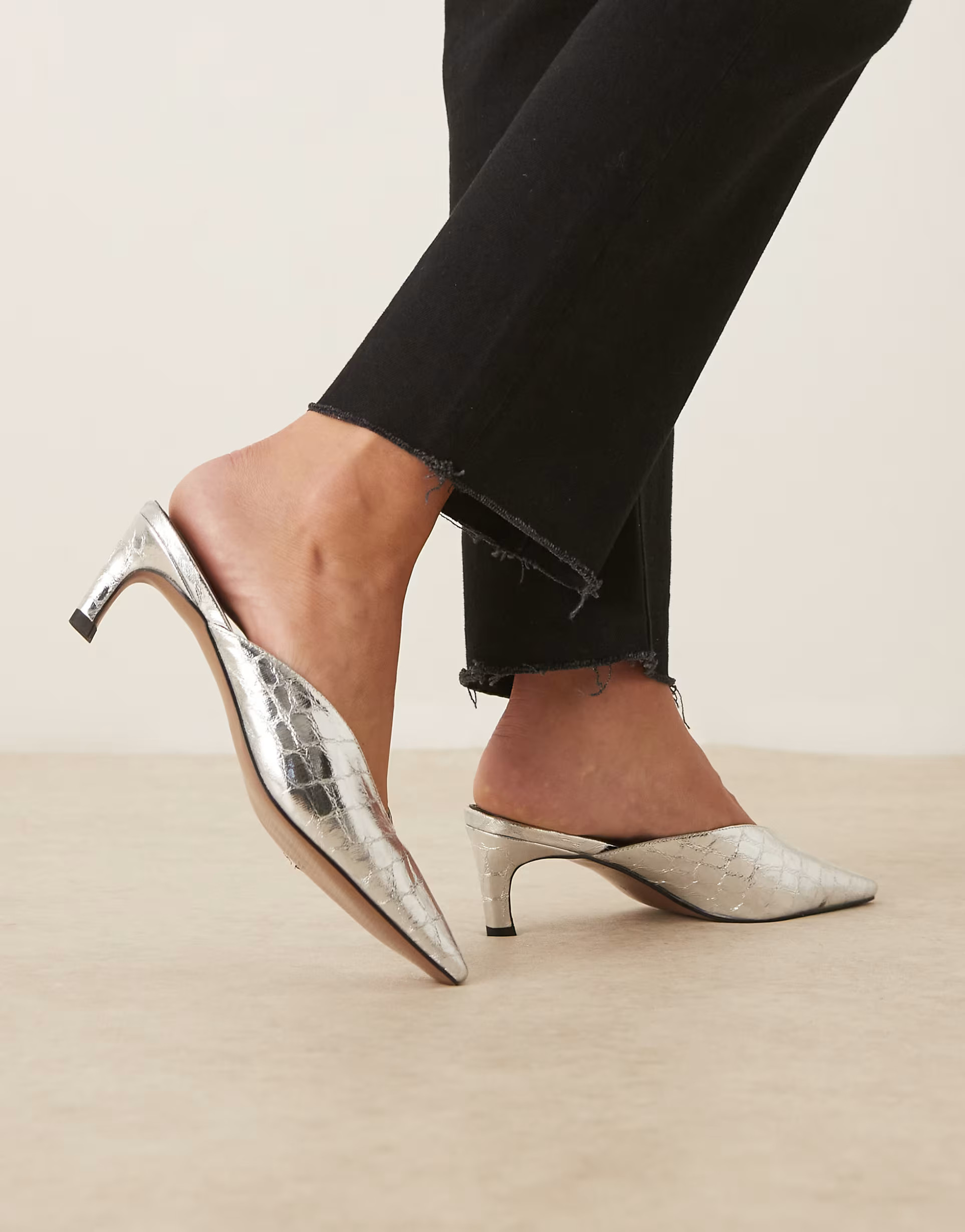 ASOS DESIGN Storm chisel toe mid heel mules in silver croc | ASOS | ASOS (Global)