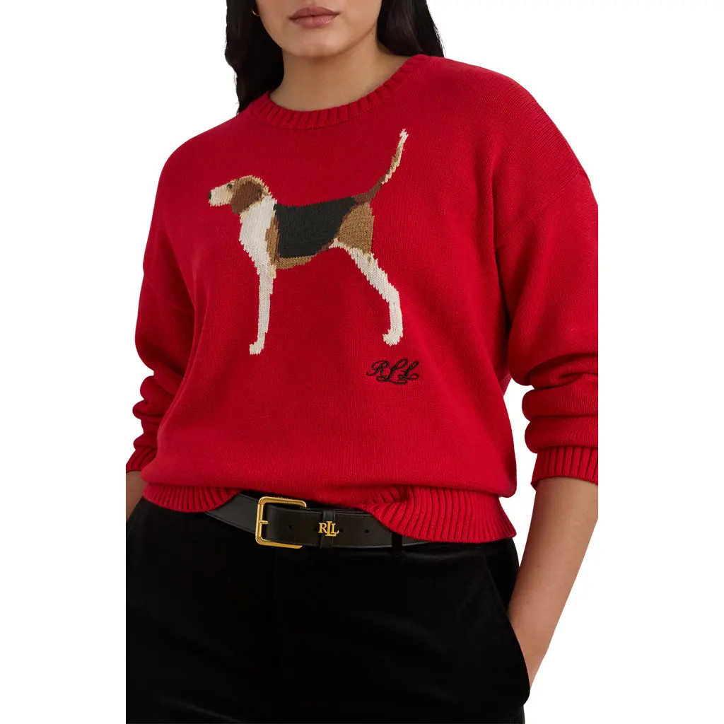 Lauren Ralph Lauren Foxhound Cotton Intarsia Sweater in Ralph Red Multi at Nordstrom, Size 3X | Nordstrom