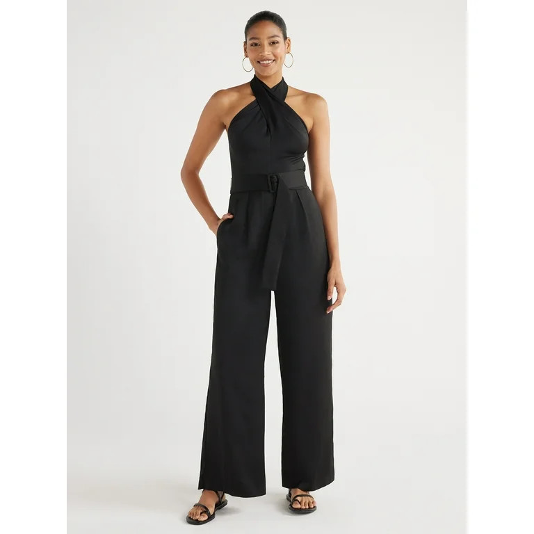 Scoop Women's Wrap Halter Satin Jumpsuit with Wide Leg, 32” Inseam, Sizes XS-XXL | Walmart (US)