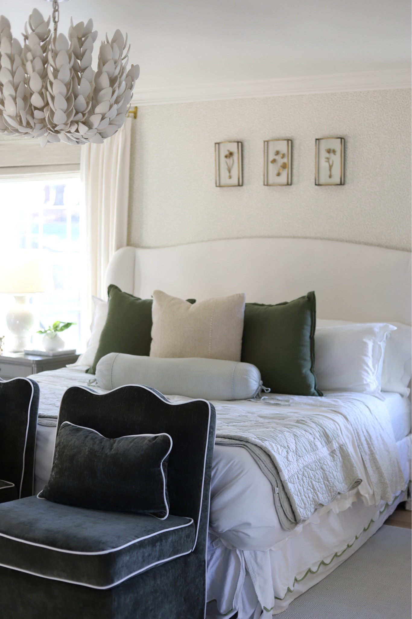 PRIMARY BEDROOM DETAILS 
White wall paint: Swiss Coffee at 75% strength by BM
Wallpaper: Sandberg Sigfrid Green
Chairs: Homegoods find
Headboard: Old Pottery Barn
Bedding: Garnet Hill
Wood Stain: Special Walnut
Floors:  Engineered hardwood (Naturalux - Sandy Oak)
Lighting: Palecek
Closet systems: Closets by Mckenry


#LTKHome