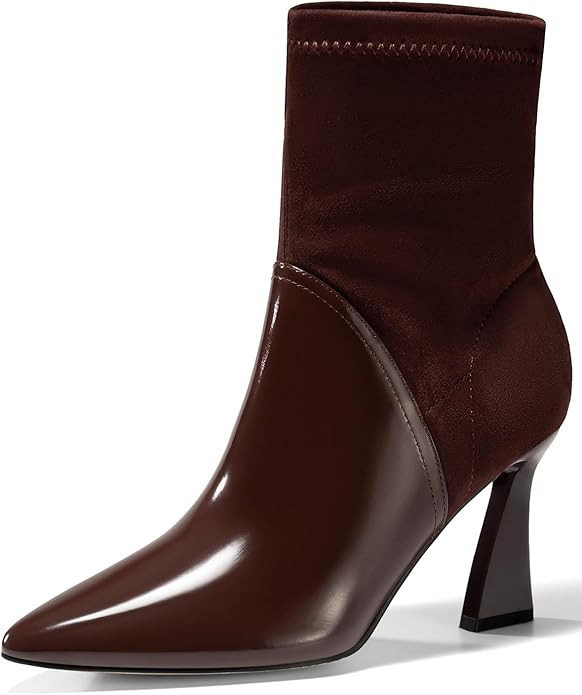 Coutgo Women's Pointed Toe High Heel Ankle Boots Patent Faux Leather Suede Splicing Slip On Fashi... | Amazon (US)