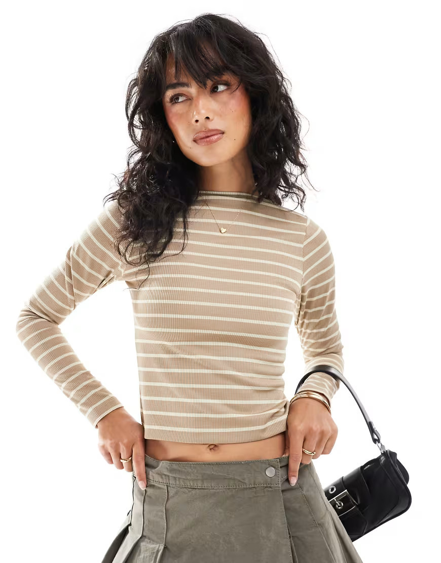 ASOS DESIGN stripe long sleeve top with low back in brown-Multi | ASOS (Global)