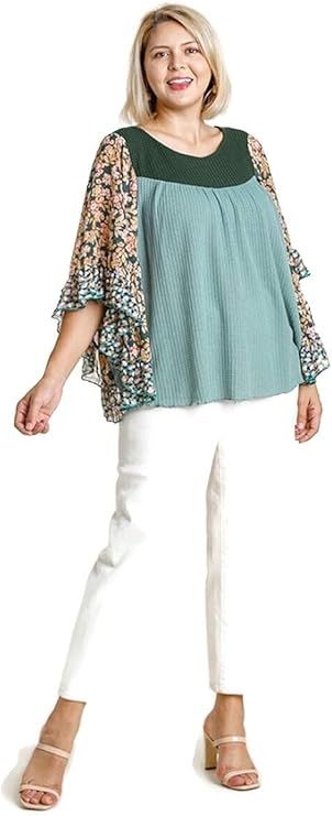 umgee USA Floral Metallic Butterfly Sleeves Waffle Knit Top | Amazon (US)