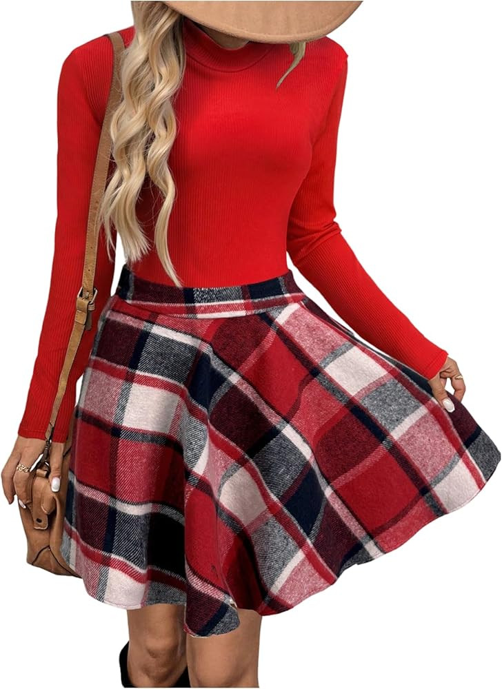 SweatyRocks Women's 2 Piece Sets Long Sleeve Turtleneck Knit Sweater Tops and Plaid Skirts Set Fa... | Amazon (US)