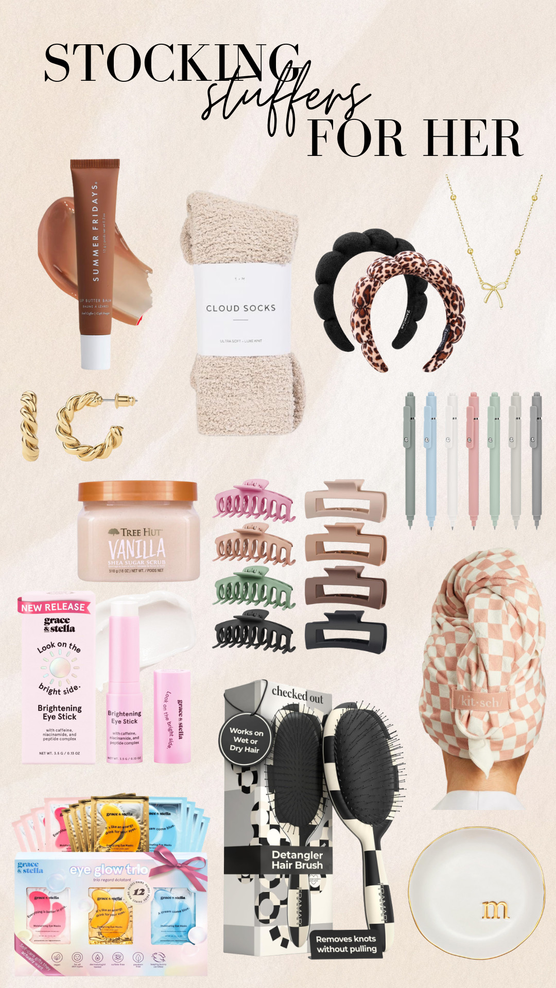 ✨ STOCKING STUFFERS FOR HER 2025 ✨
Your ultimate holiday gift guide is HERE — packed with affordable, cozy, trendy, and must-have stocking stuffer ideas she’ll actually love! 🎁💕

From bestselling beauty treats to comfy classics, chic accessories, and viral TikTok favorites, these small gifts make the BIGGEST impact. Perfect for girlfriends, sisters, moms, coworkers… or yourself!

🛍️ Tap to shop everything from the graphic
🎀 Budget-friendly picks
🎀 Beauty, self-care & skincare favorites
🎀 Cozy socks & hair accessories
🎀 Personalized jewelry ideas
🎀 Trending Amazon finds & stocking stuffers under $25

Featured favorites: lip butter balm, cloud socks, hair claw clips, Tree Hut scrub, detangler brush, brightening eye sticks, turban hair towel, monogram trinket dish, and more!

💖 Save this for later + follow for more holiday LTK gift guides, stocking stuffers, and must-have deals!

#StockingStuffersForHer #HolidayGiftGuide #GiftGuideForHer #LTKHoliday #LTKGiftGuide #StockingStuffers #GiftsForHer #AmazonFavorites #AffordableGifts #SmallGiftsBigImpact #ChristmasGiftsForHer #HolidayDeals 

 #LTKGiftGuide #LTKHoliday #LTKFindsUnder50