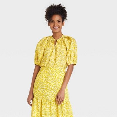 Women&#39;s Puff Elbow Sleeve Shell Blouse - Who What Wear&#8482; Yellow Leopard Print XS | Target