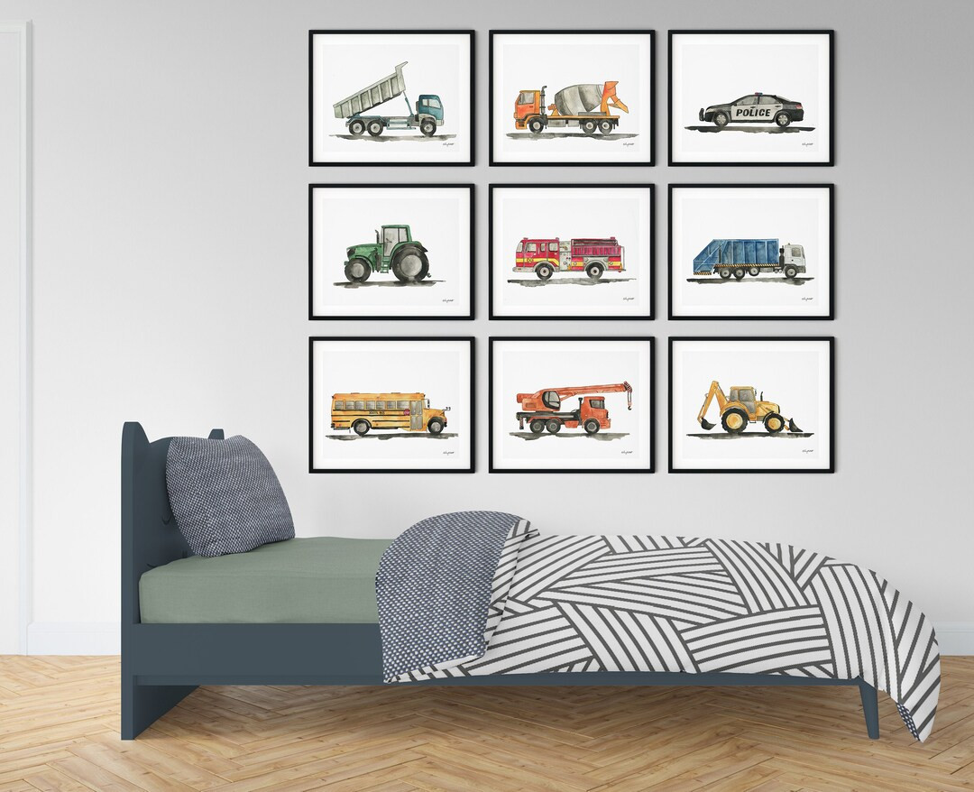 Set of 9 Construction Vehicle Prints, Kids Gallery Wall Set, Truck Wall Art, Transportation Print... | Etsy (US)