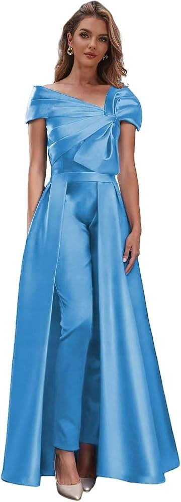 2 Pieces Satin Mother of The Bride Pant Suits for Wedding Off Shoulder Formal Evening Dresses for... | Amazon (US)