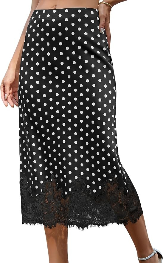Bsubseach Women Satin Midi Skirt Elastic Waist A-Line Skirt with Lace Trim | Fall Silk Long Skirt... | Amazon (US)