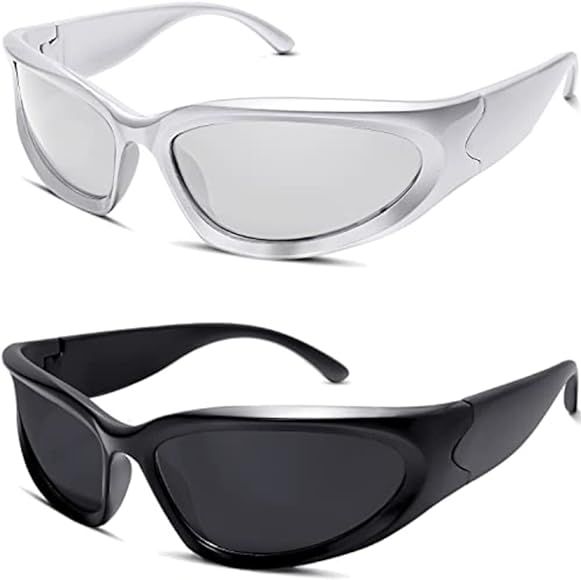 2 Pairs Y2K Wraparound Sunglasses Sports Futuristic Oval Glasses Punk Visor Sunglasses Ladies Mens 2 | Amazon (UK)