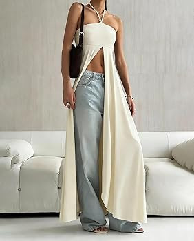 Voghtic Women's Halter Cutout Top - Strapless Flowy Split Long Hem Maxi Tunic for Party Club | Amazon (US)