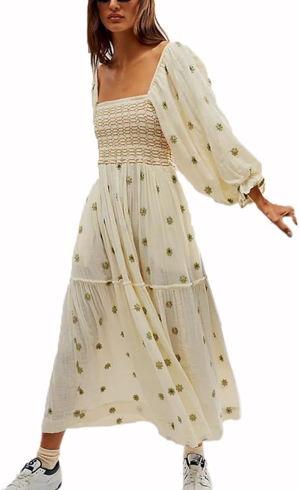 Women Bohemian Floral Dress Lantern Sleeve Square Neck Flower Embroidered Maxi Dress Flowy High W... | Amazon (US)