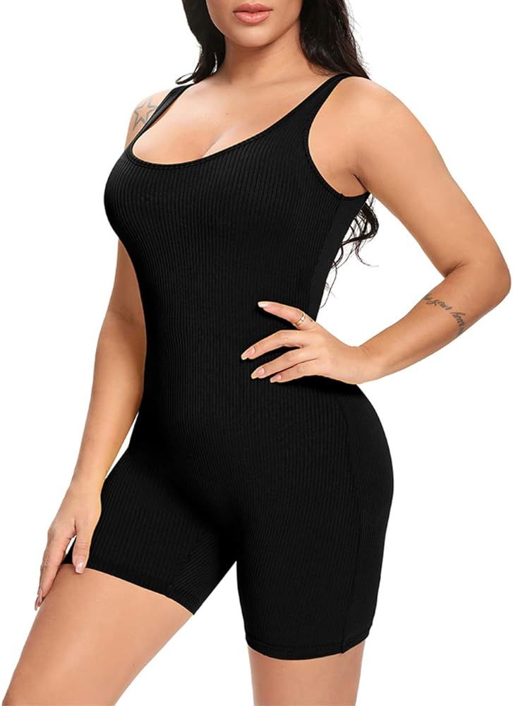 Fanuerg Womens Summer Sexy Ribbed Sleeveless Bodycon Rompers Shorts Jumpsuits | Amazon (US)