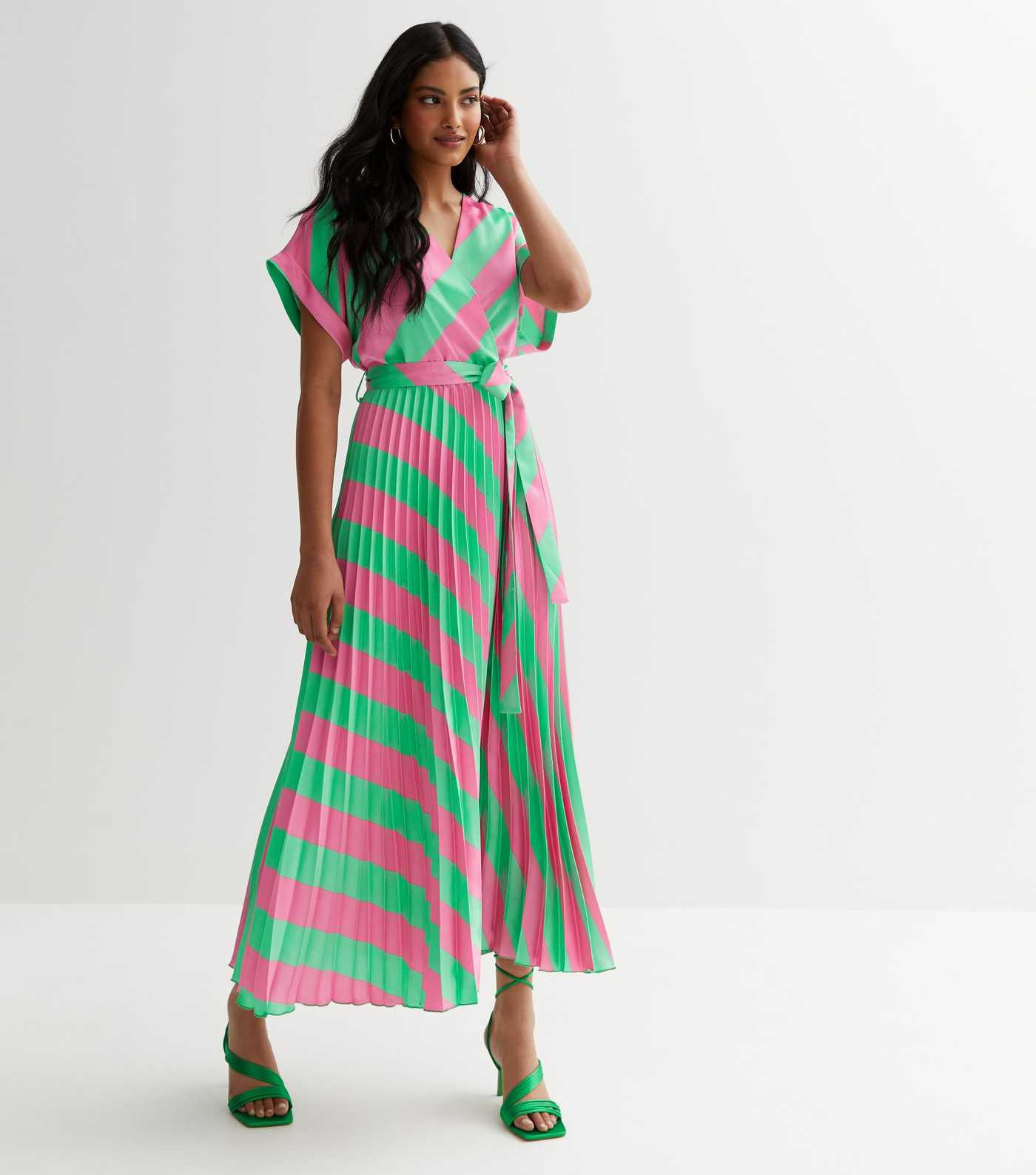 Green Stripe Satin Pleated Midi Wrap Dress
						
						Add to Saved Items
						Remove from Save... | New Look (UK)
