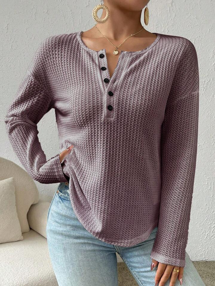 SHEIN Essnce Half Button Waffle Knit Drop Shoulder Tee | SHEIN