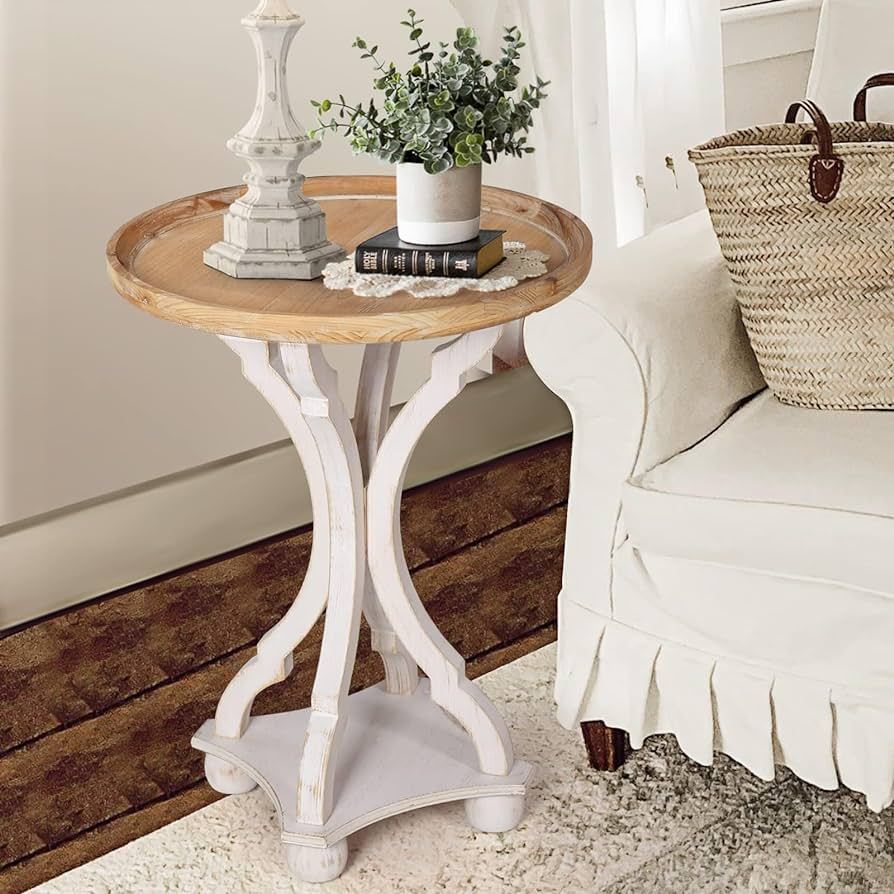 OneSpruce Farmhouse End Tables Living Room, White Accent Table with Wood Pedestal, Round Side Tab... | Amazon (US)