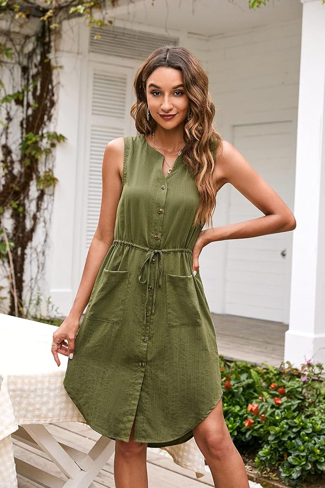 KILIG Women's Summer V Neck Sleeveless Button Down Elastic Casual Dress with Pockets | Amazon (US)