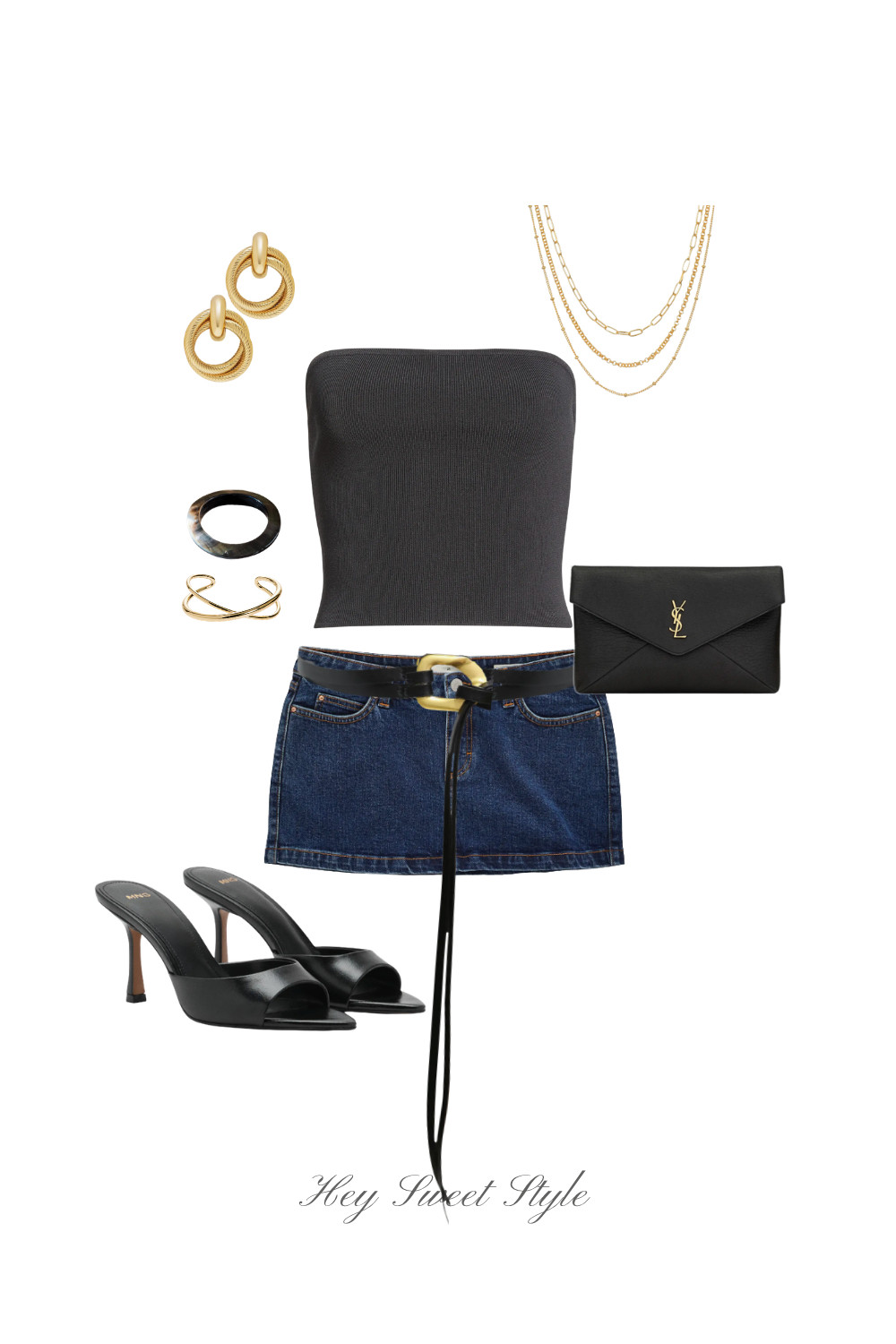 Summer Going Out Outfit: Black Tube Top + Denim Mini Skirt ★ 

 